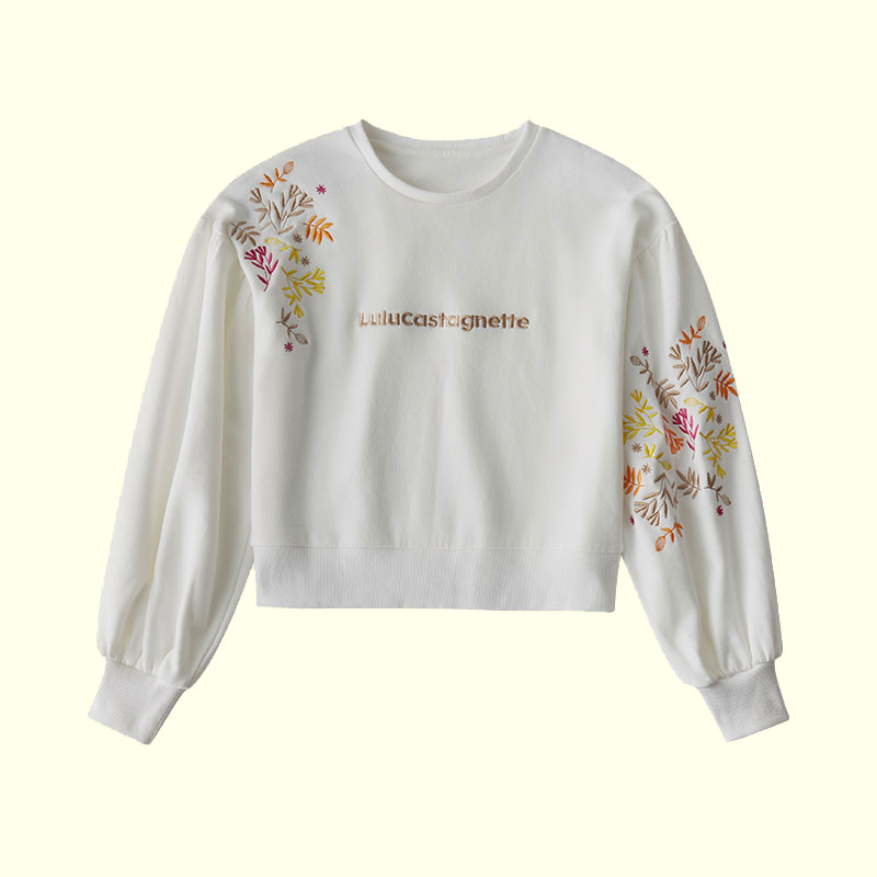 Girl's Fat Sleeve Pullover with Flower Embroidery